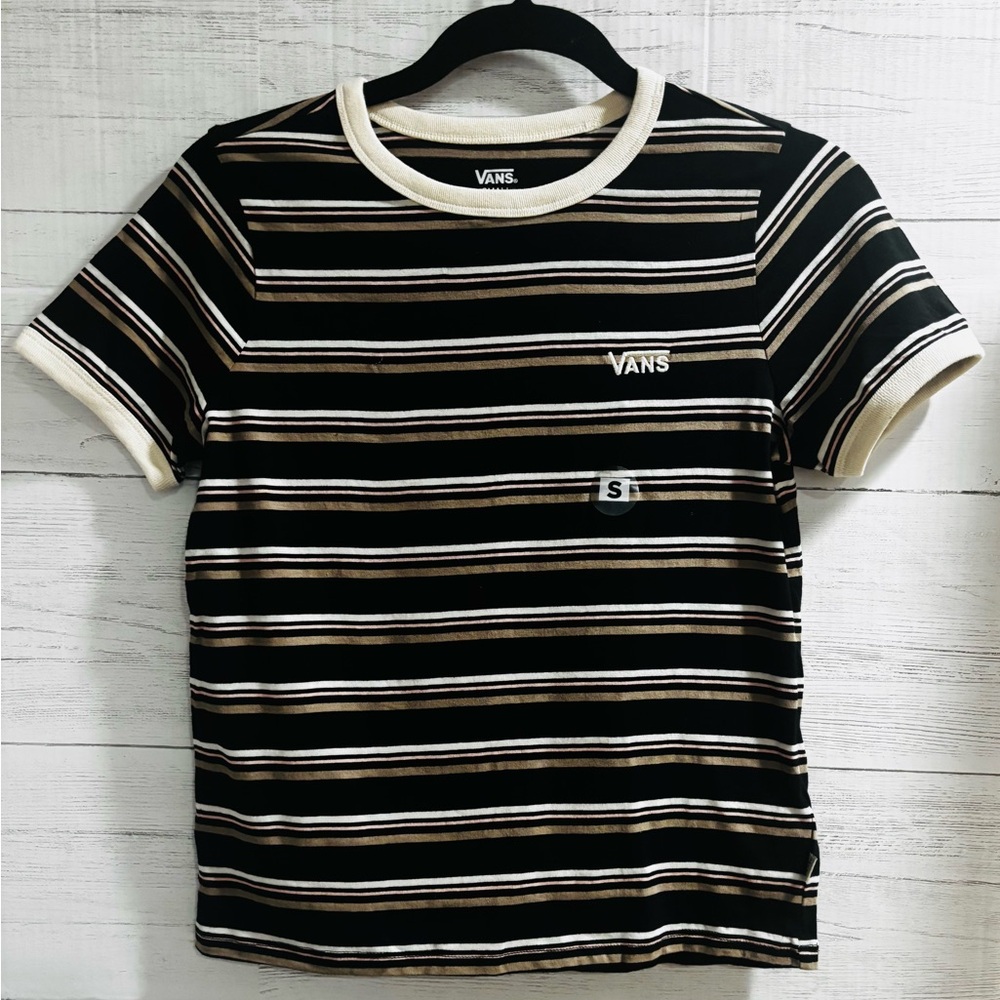 Vans Striped Ringer Tee Shirt Small Black NWT Logo Casual - Picture 2 of 5